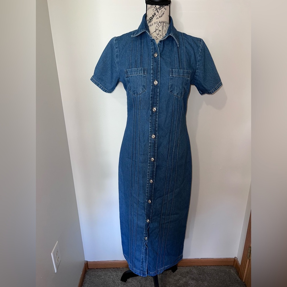 Expressions 90s Vintage Denim Button Front Midi Dress Small 100% Cotton Collared - Picture 2 of 11